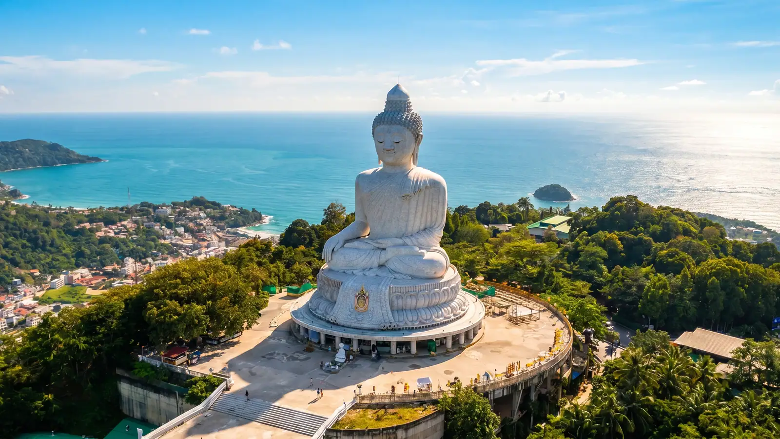 Aerial view of the Big Buddha overlooking the coastline in Phuket, Thailand